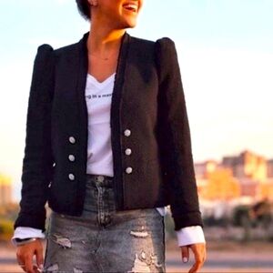 Zara Puff Shoulder Blazer w/ Crystal Buttons - Black - Size L